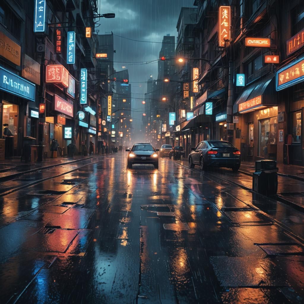 Rainy Cyberpunk Cityscape at Dusk