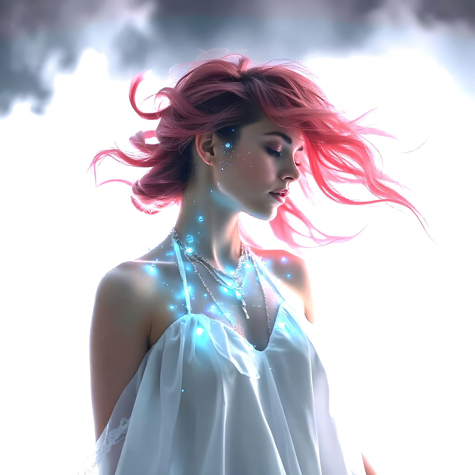 Bioluminescent Woman with Rose Hair in Sfumato Style
