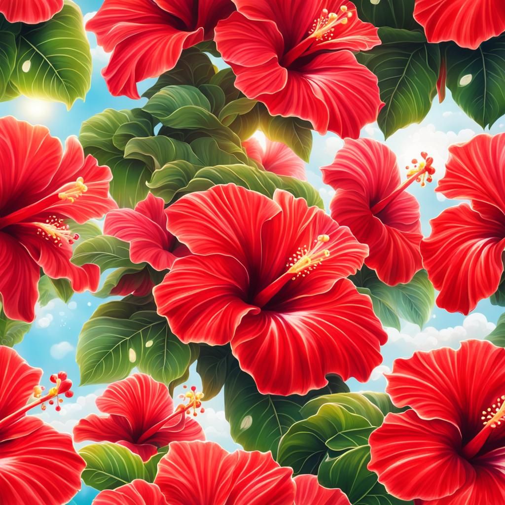 Shining Red Hibiscus Flower in Heavenly Light