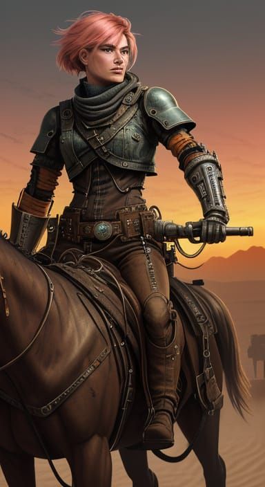 Beautiful Female Cowboy in Dieselpunk Desert Landscape