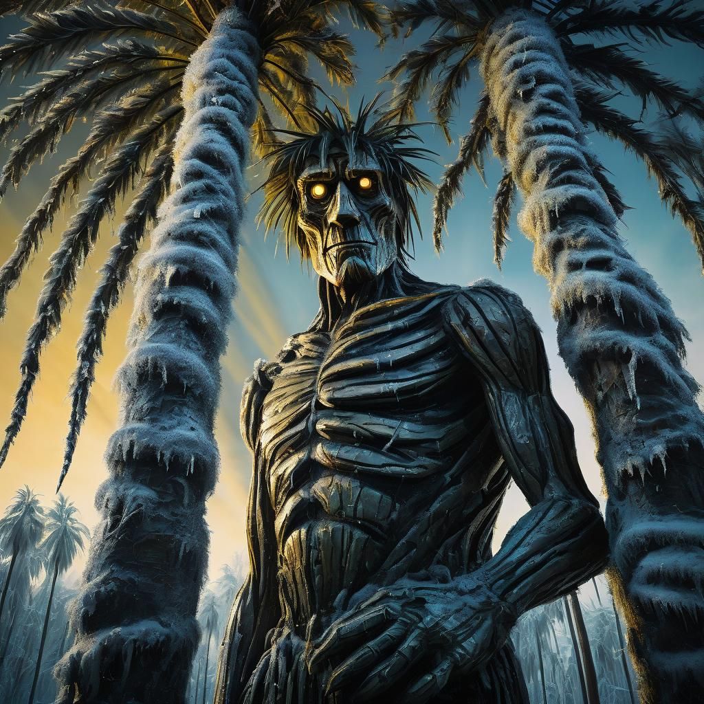 Menacing Palm Trees Trap Logger: A Surreal Oil Painting
