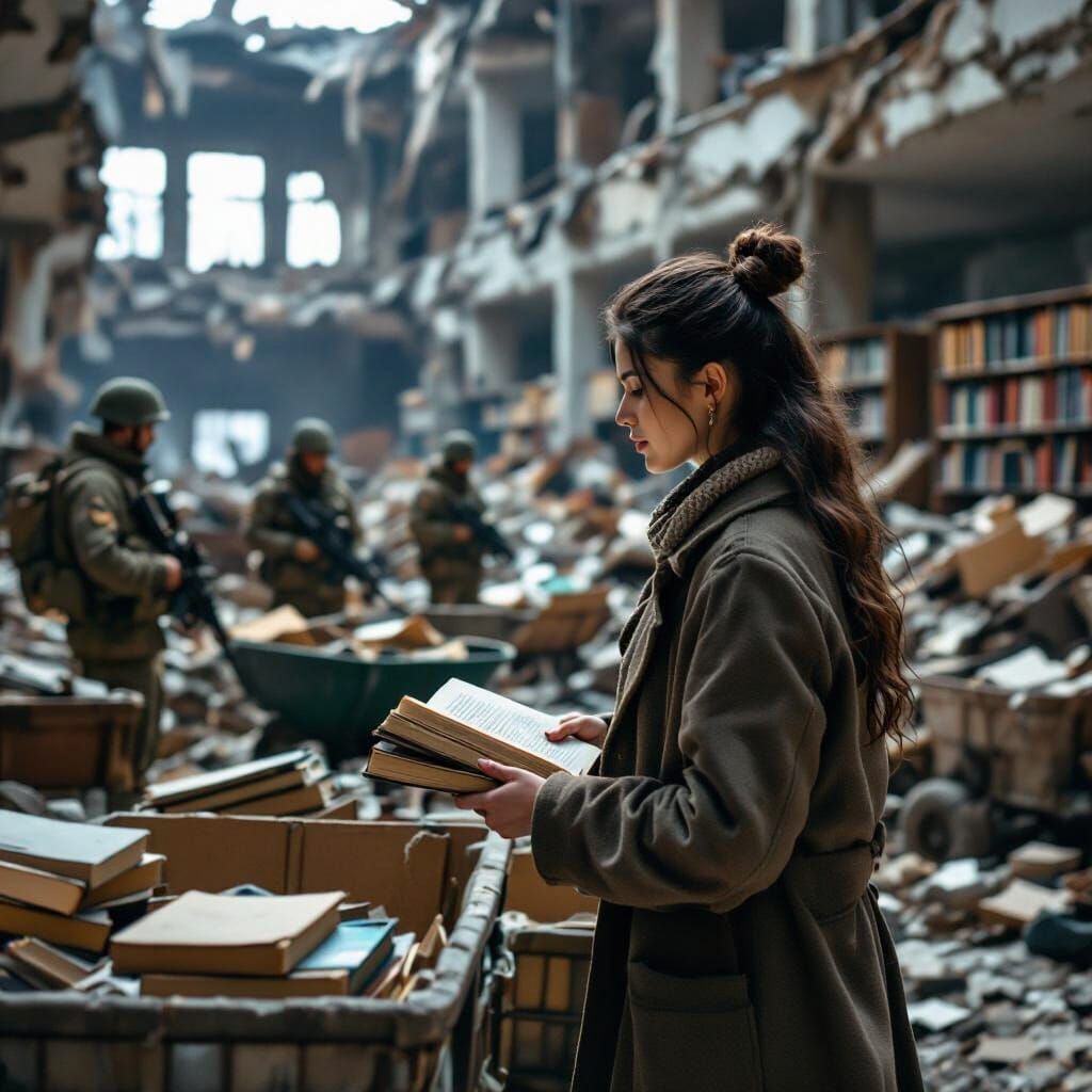 Scavengers Search Ruined Library for Books, Librarian Direct...