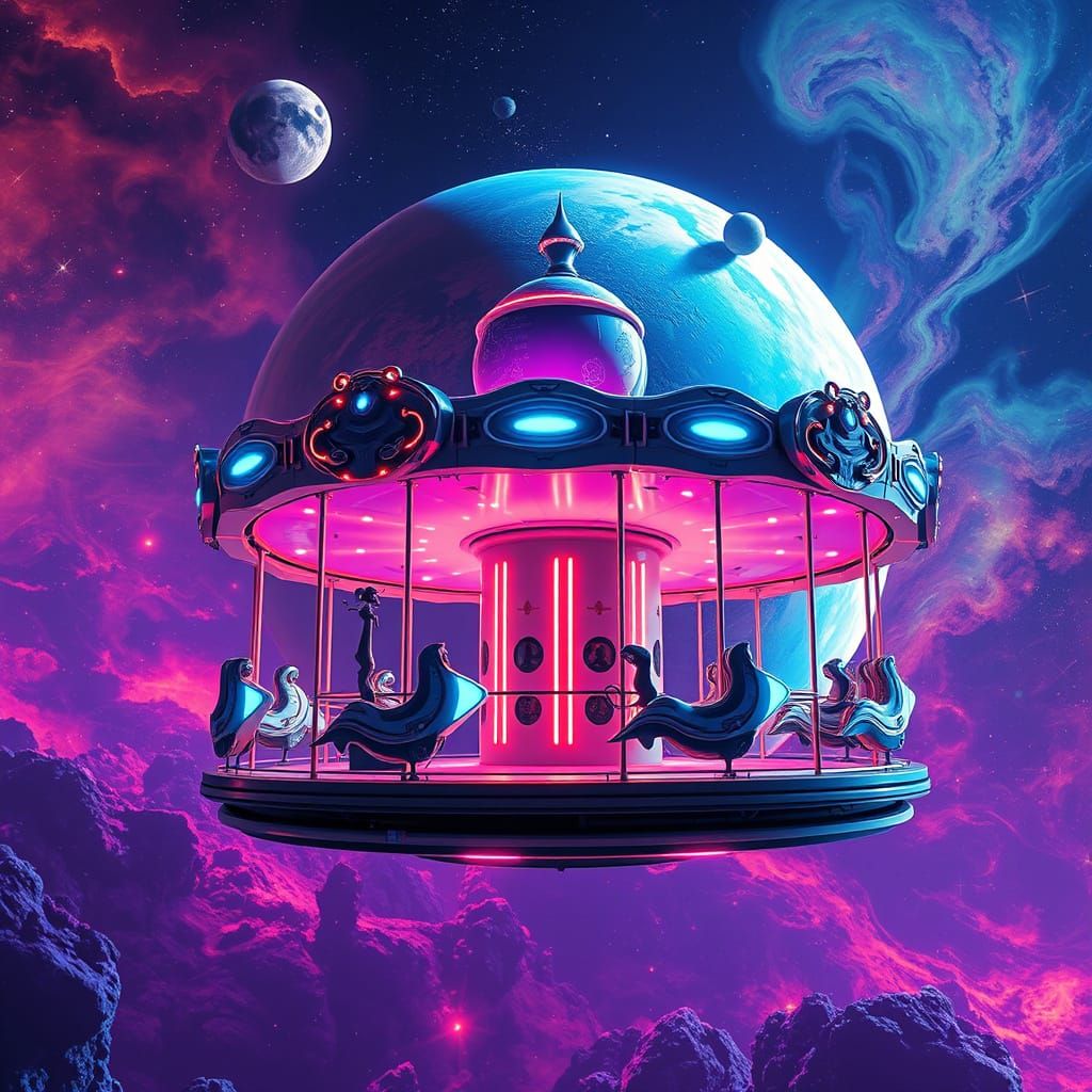 Futuristic Carousel Orbits Alien Planet in Sci-Fi Style