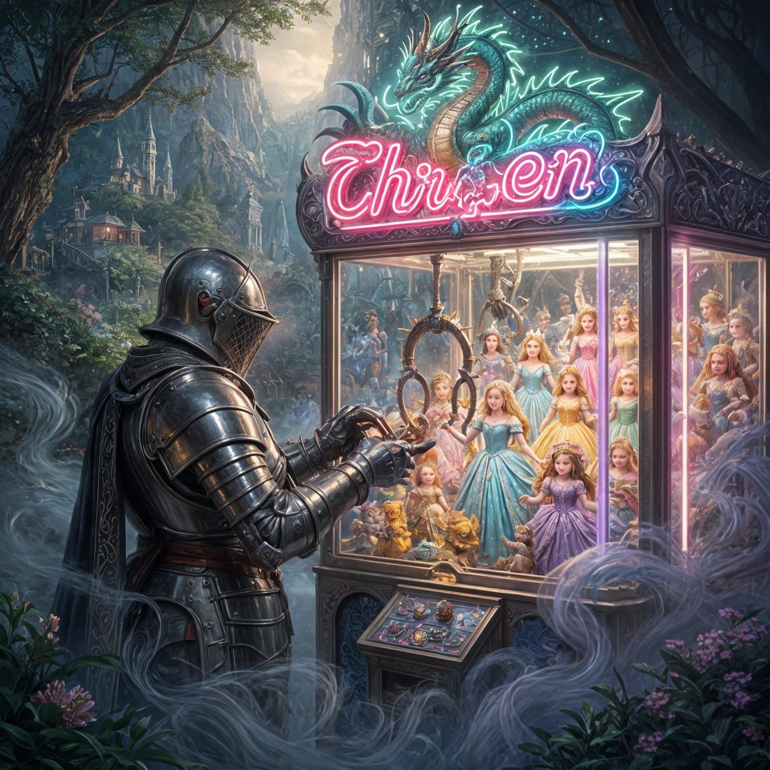 Knight Plays Claw Machine for Princesses Under Neon Dragon S...