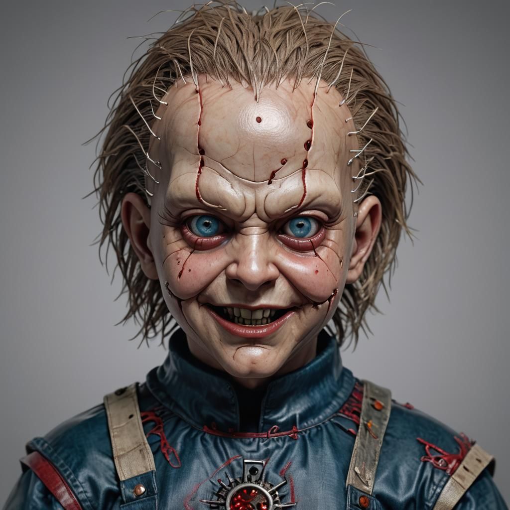 A hyperrealistic Pinhead from the "Hellraiser" movie as a re...