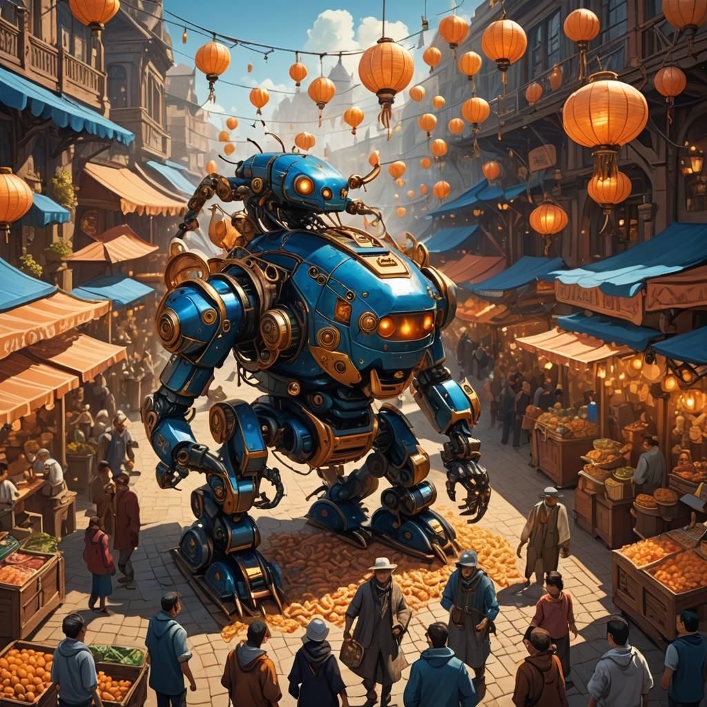 Robot Offers Shrimp in Steampunk Market