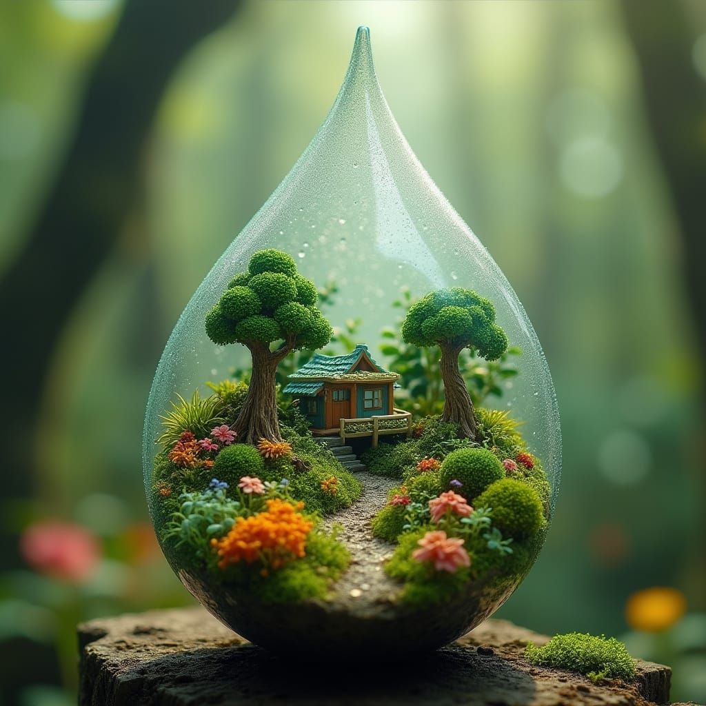 Miniature Landscape in Dewy Teardrop: Whimsical Art