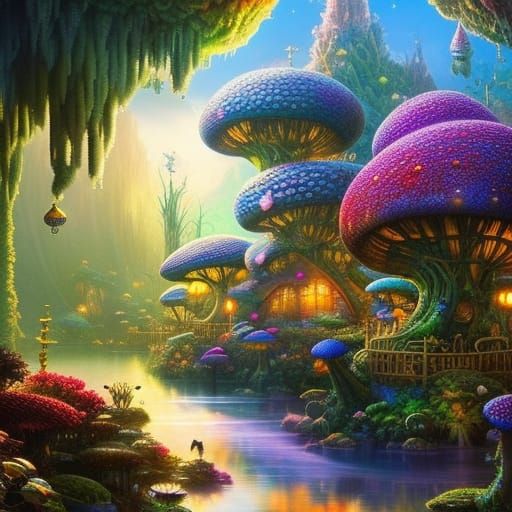 Luminescent Mushroom Mansion in Psychedelic Jungle