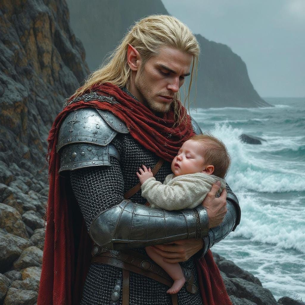 Elf Warrior with Baby on Stormy Shore