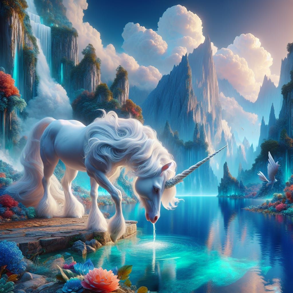 Majestic White Unicorn Sipping Azure Lake: Fantasy Matte Pai...