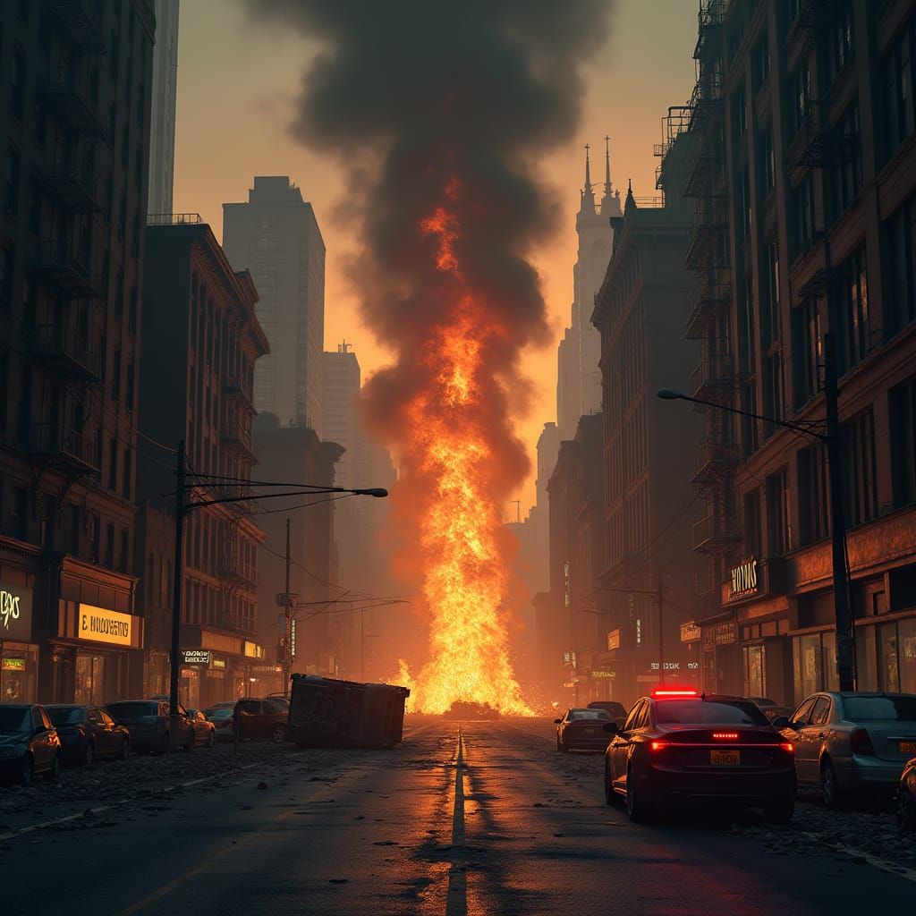 Dystopian Cityscape Inferno in a Gritty, Post-Apocalyptic St...
