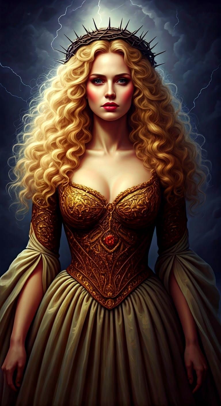 Goddess in Jesus-Inspired Gown with Blazing Background