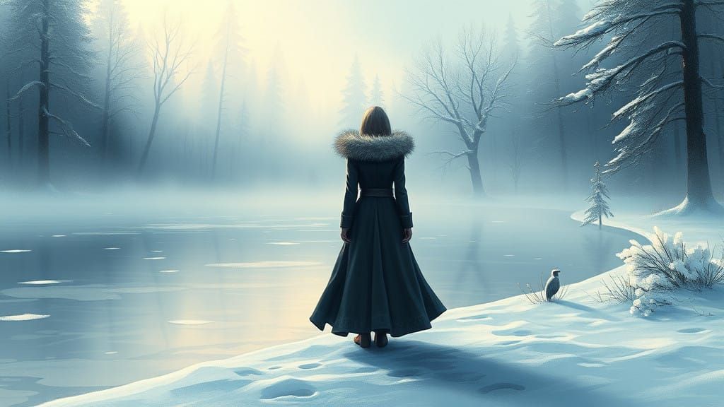 Mystical Winter Scene with Lone Figure on Frozen Lake