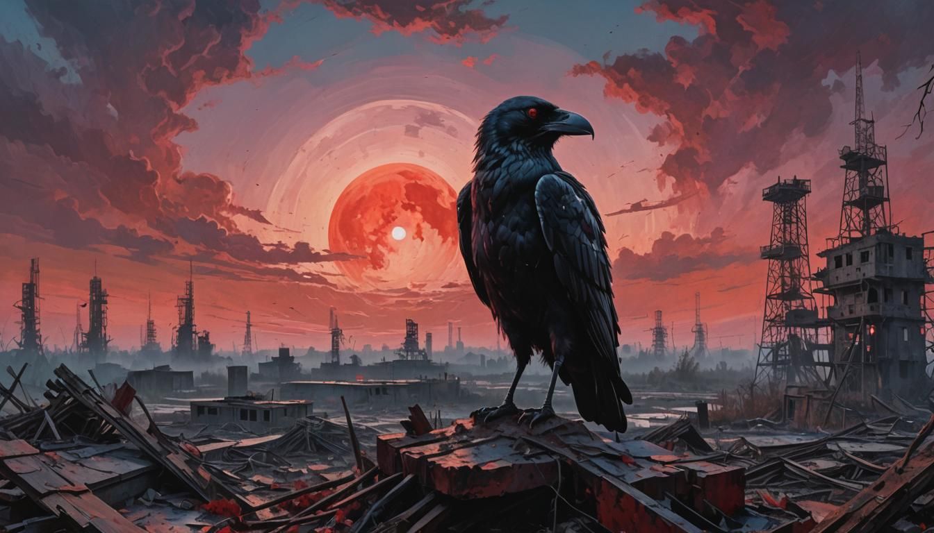 Raven in Chernobyl Ruins Acrylic Painting