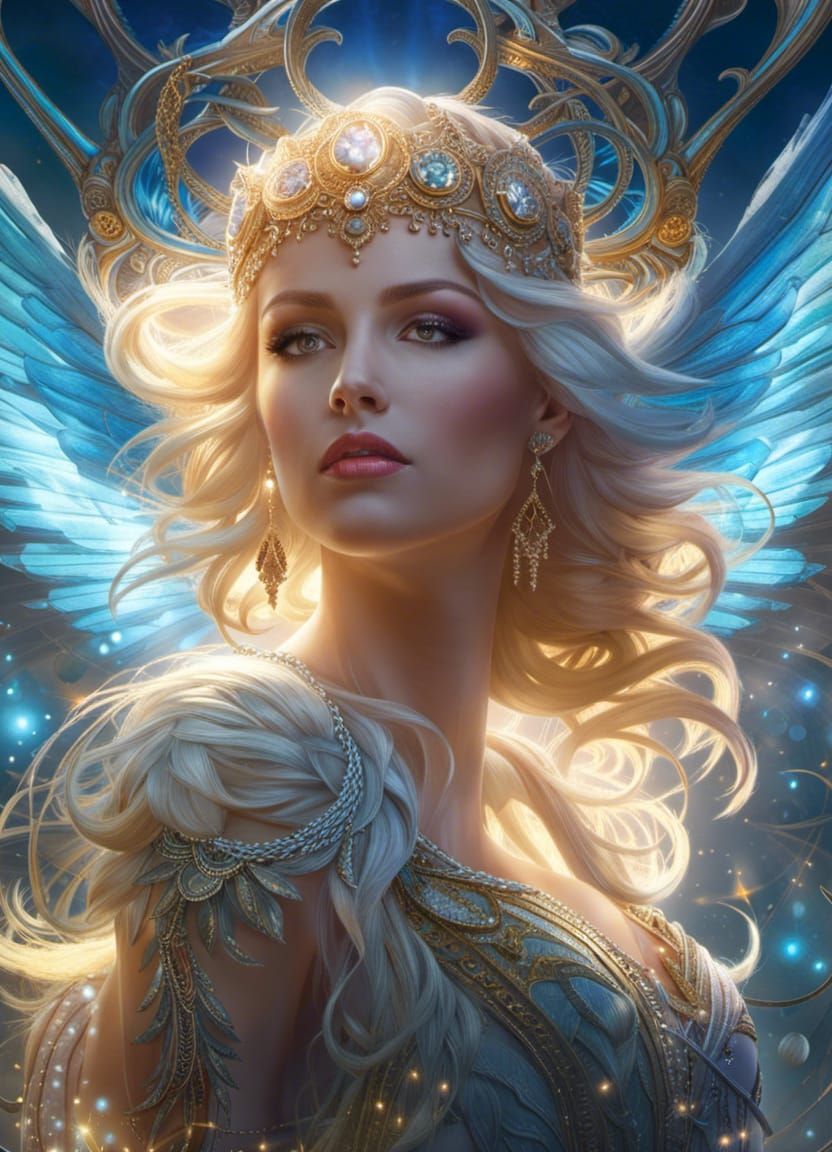 Radiant Ice Woman with Wolf in Nordic Landscape