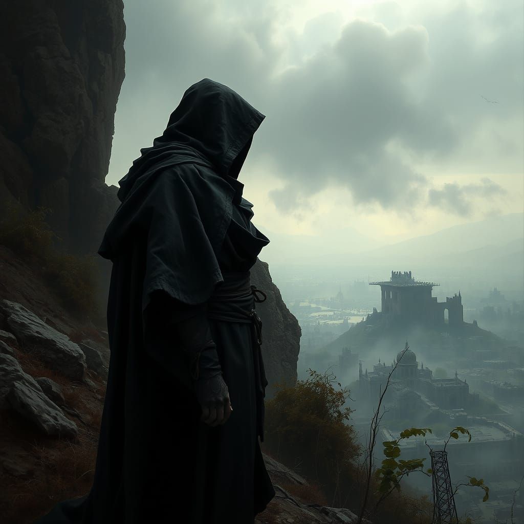 Man in Dark Cloak Contemplates Abandoned City