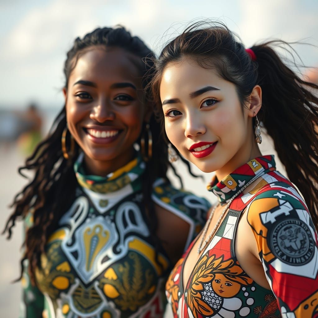 Smiling Women in Futuristic Streetwear on Okinawa Beach