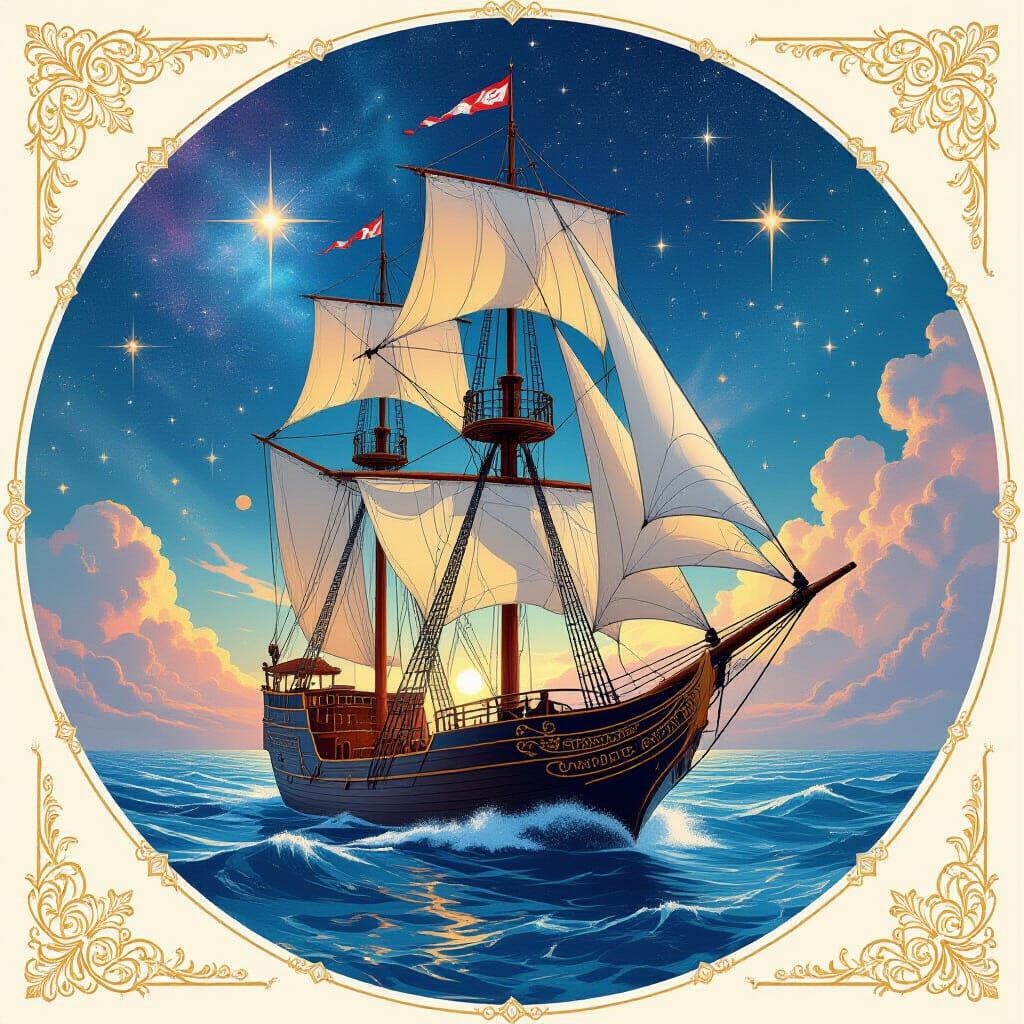 Art Deco Ship on Liquid Starlight Sea