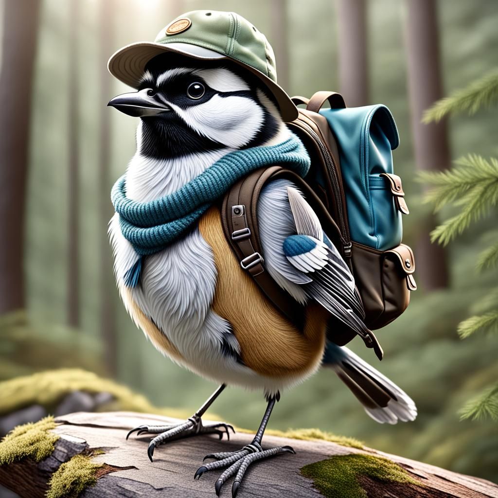 Anthropomorphic Chickadee Bird Ready for Hiking