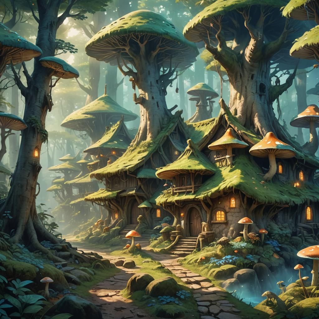 Luminous Forest Tribe Village in Fantasy Art Style