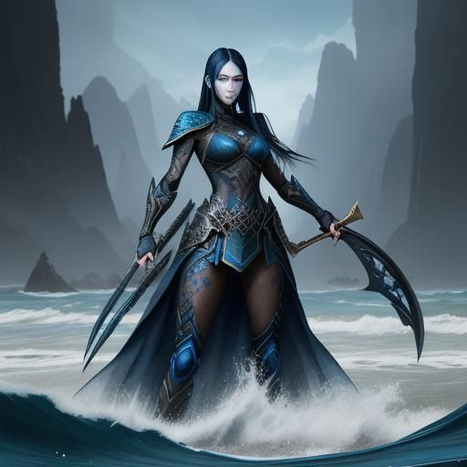 Warrior Woman with Blue Scales, Detailed Digital Painting