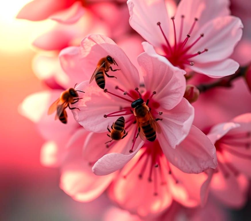 Bees Enjoying Cherry Blossms in Spring