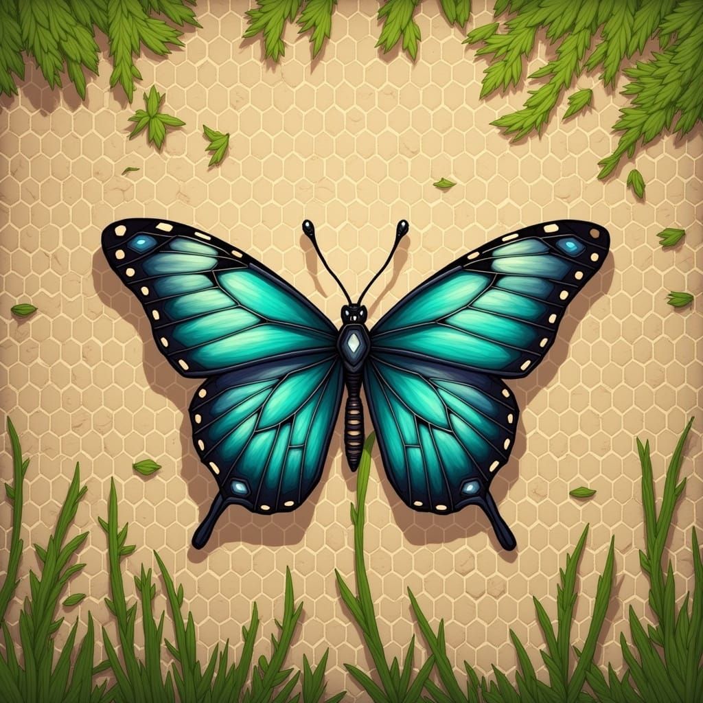 Butterfly on Grass Hex Map Illustration