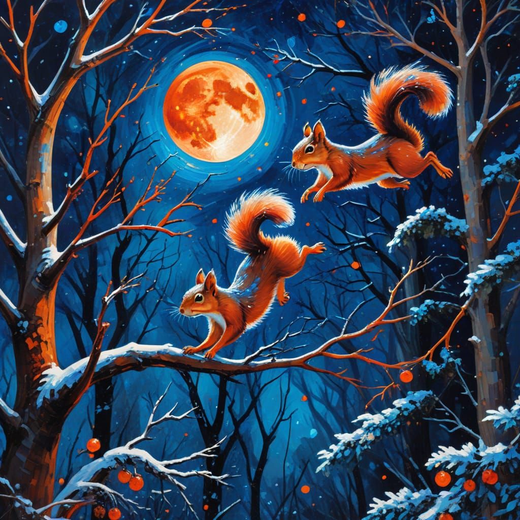 Squirrels Leap in Expressionist Winter Landscape