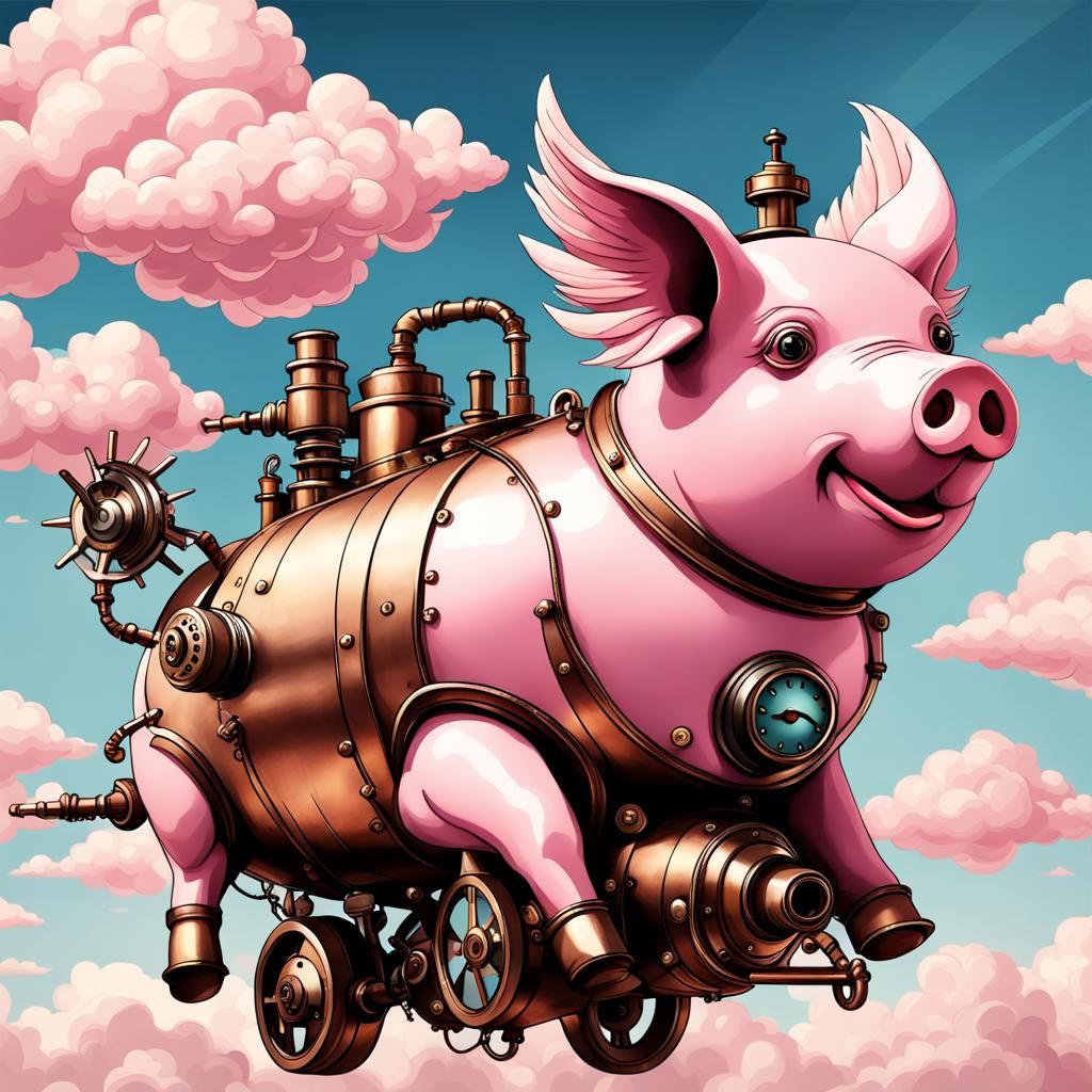 Steampunk Flying Pigs Soaring in a Cloudy Sky