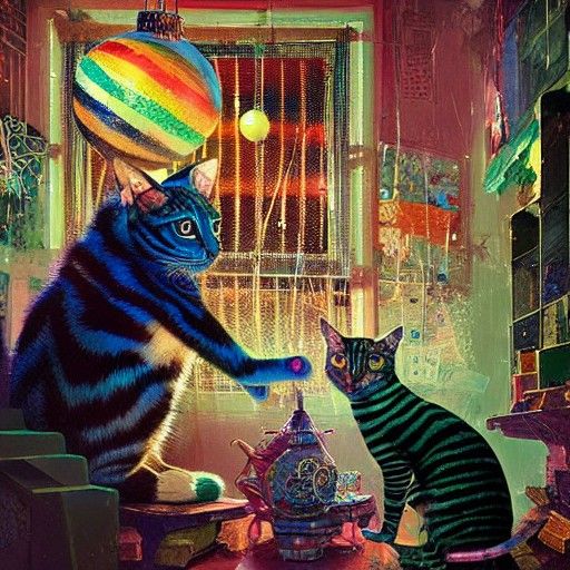 Striped Cat Magician in Headquarters, Matte Painting