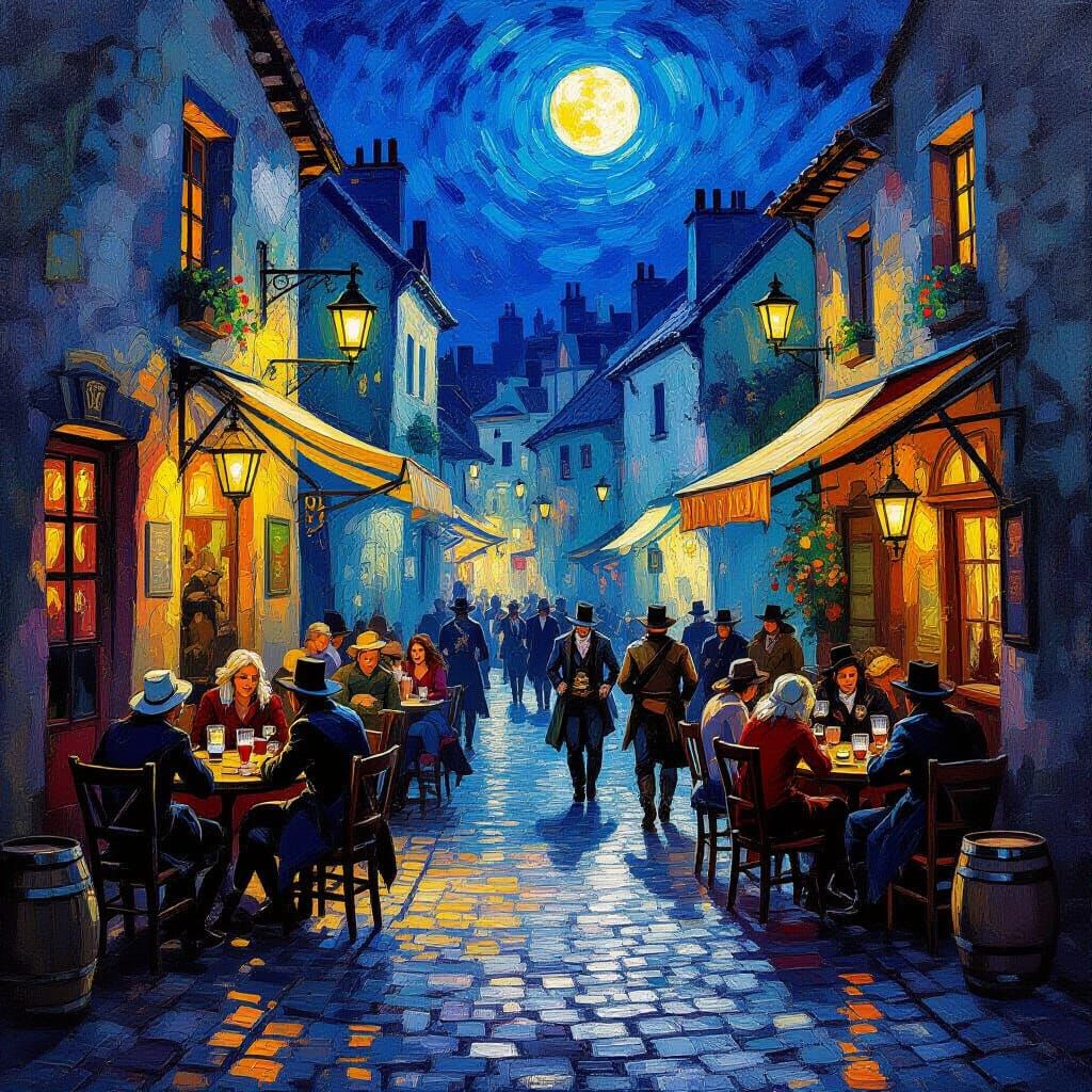 Bustling Tavern Scene in Moonlit Alley, Impressionistic Styl...