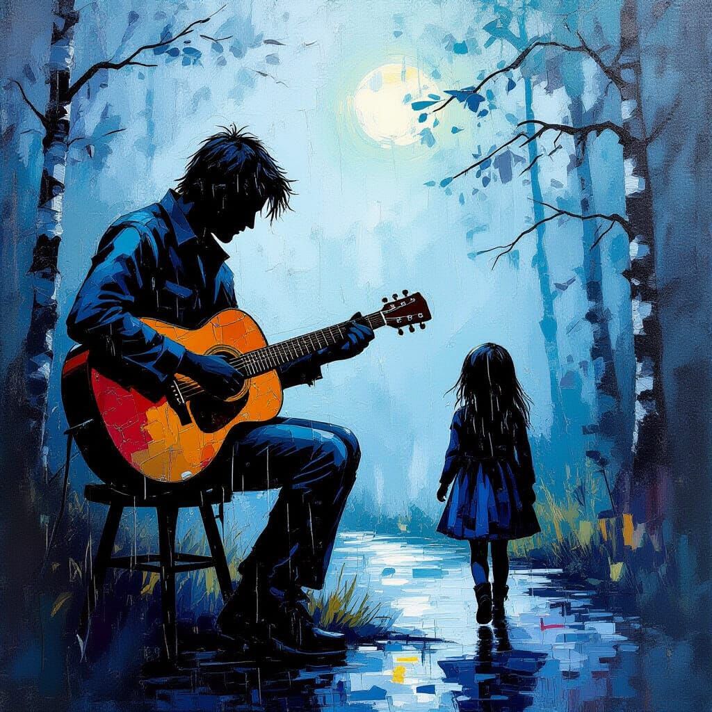 Impasto Painting of Guitarist Silhouette and Walking Girl