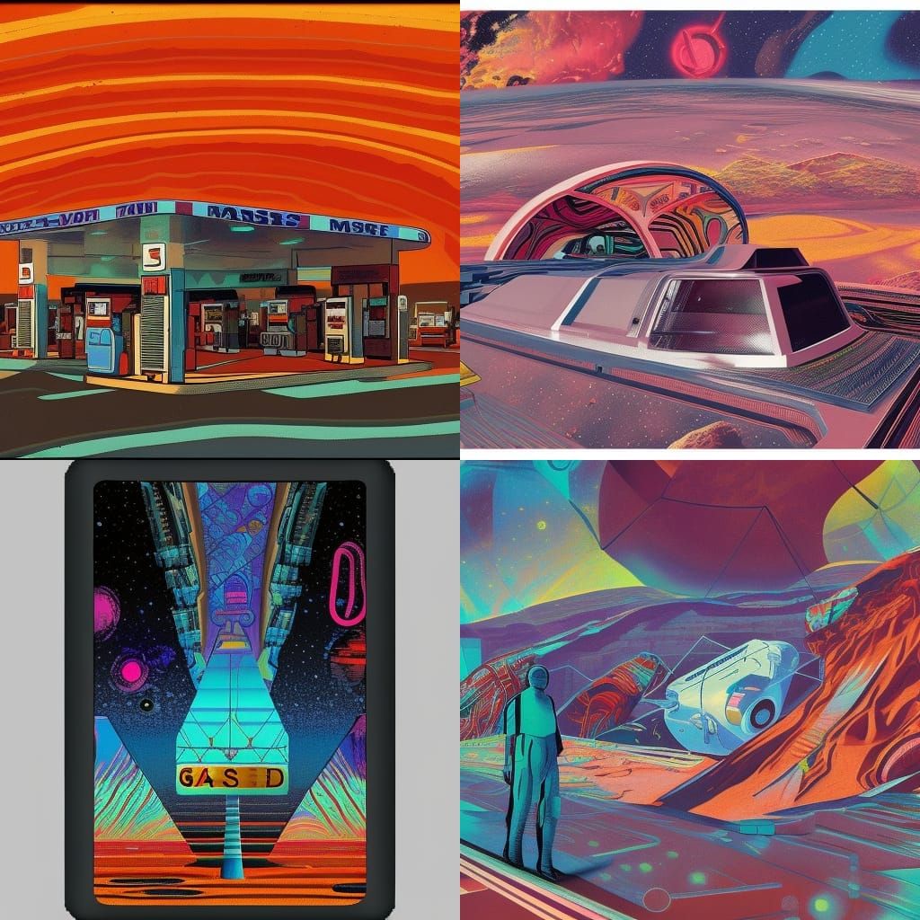 Futuristic Gas Station on Mars in Folk Art Style