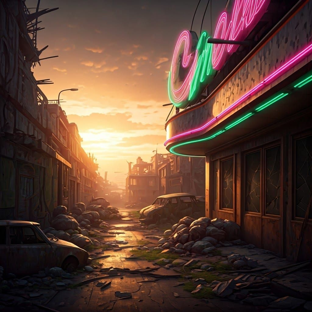 Retro-Futuristic Neon Sign in Post-Apocalyptic Sunset