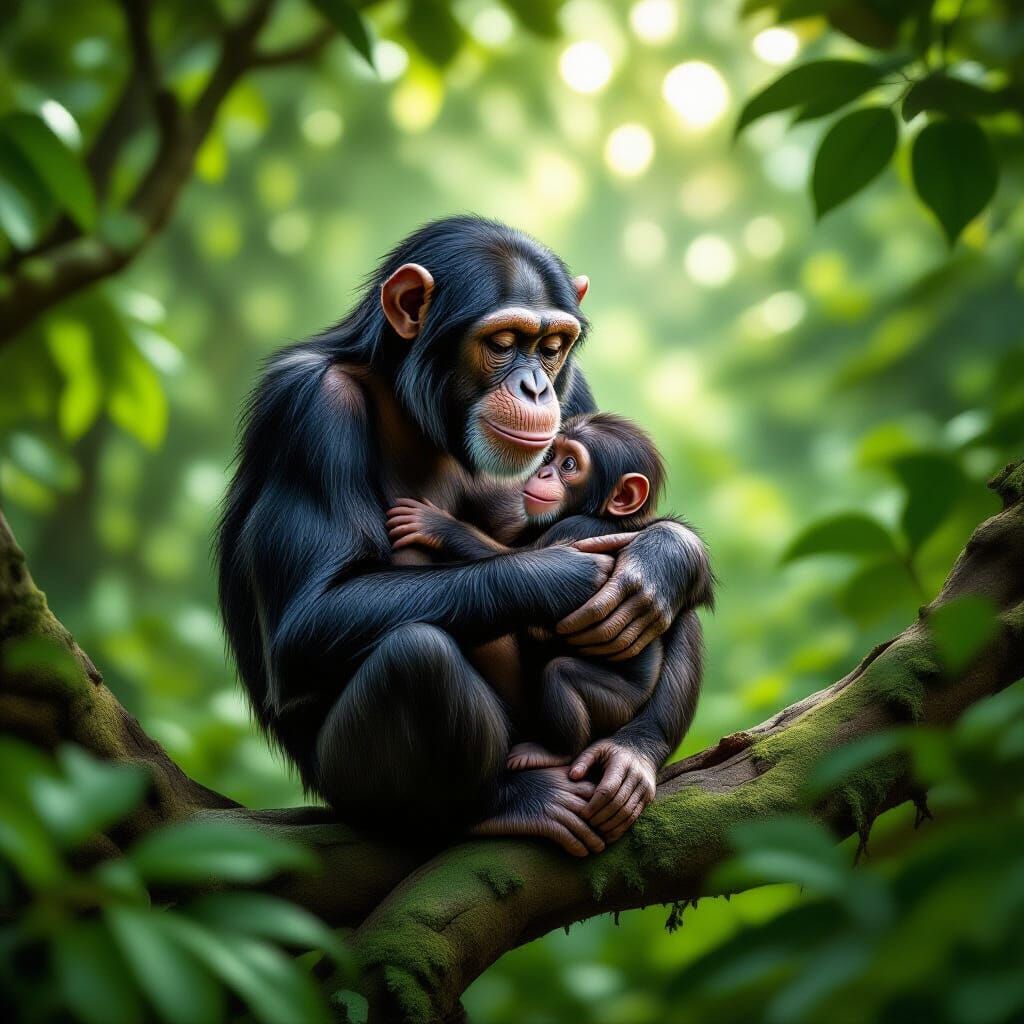 Mother Chimpanzee and Baby in Rainforest, Hyperrealistic