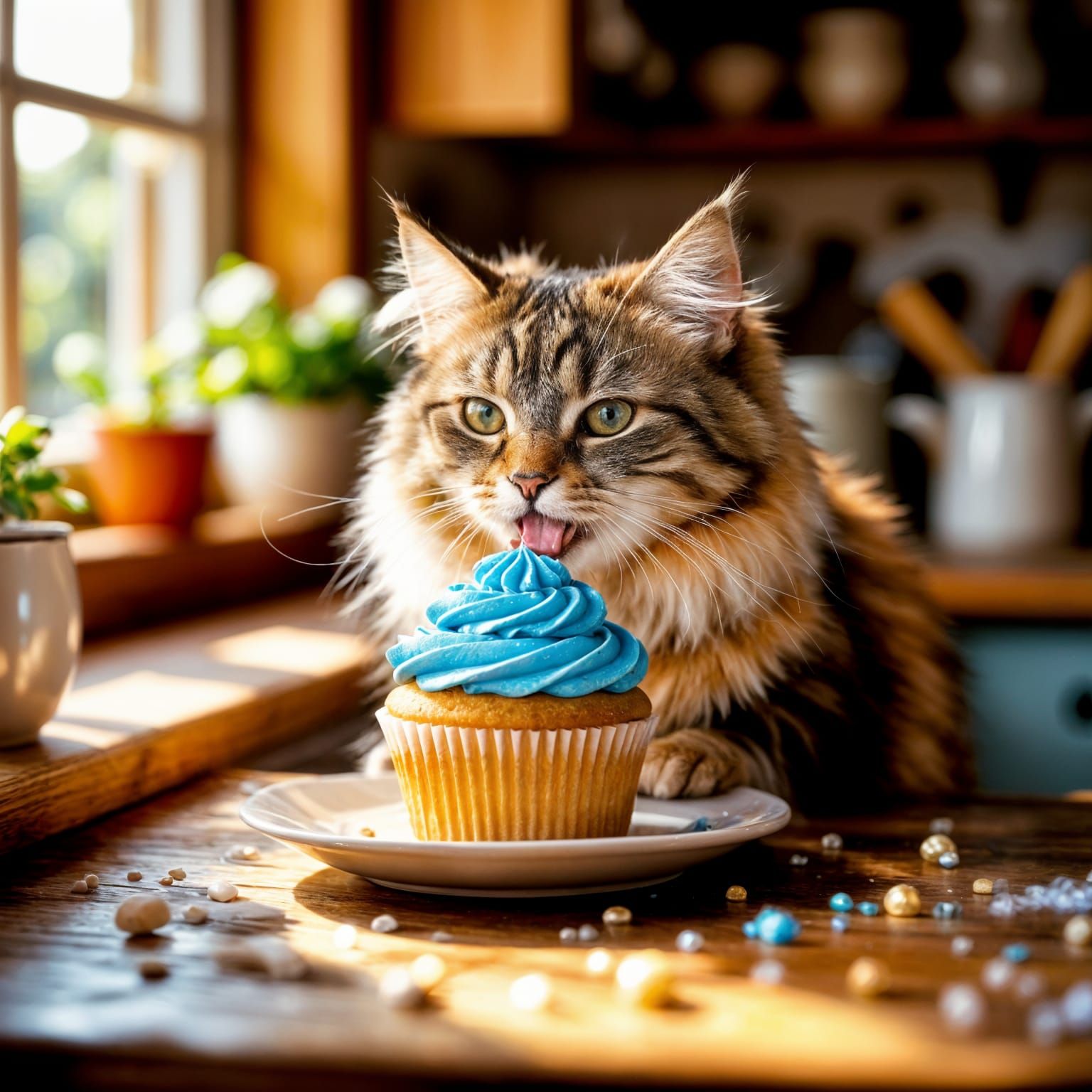 Adorable Cat Licks Cupcake in Cozy Kitchen