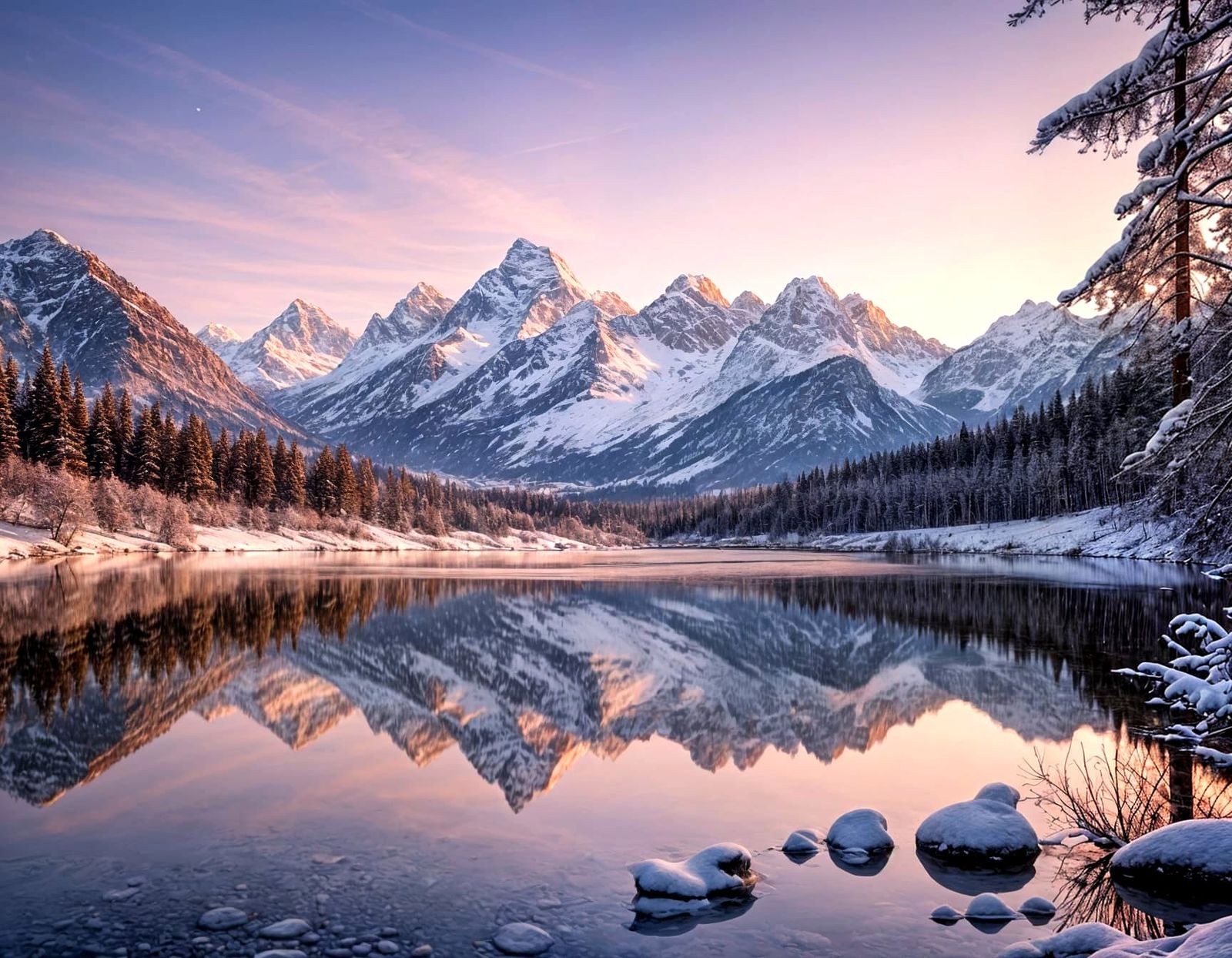 Tranquil Sunset over Snowy Mountain Peaks