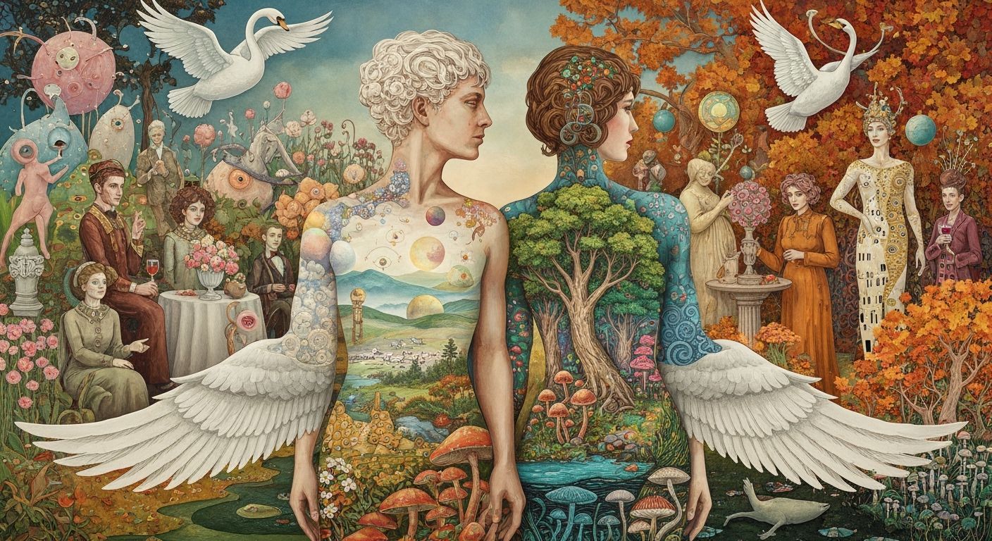 Surreal Garden Party in Klimt-Inspired Style