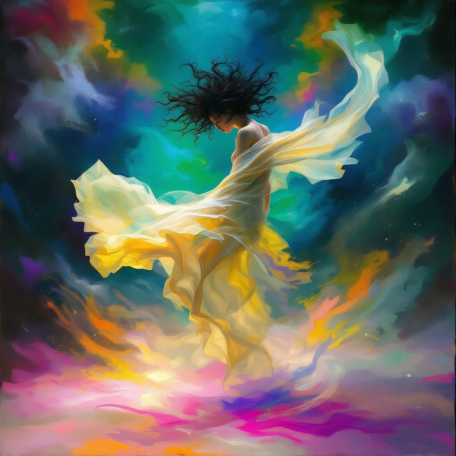 Ethereal Figure in Turbulent Aura