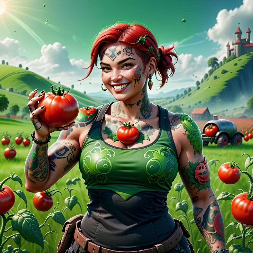 Tomato Warrior on Green Meadow, Fantasy Concept Art