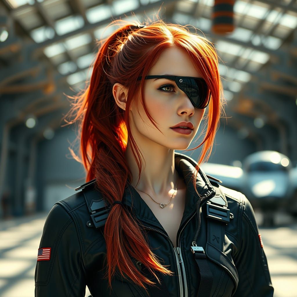 Woman with Red Hair in High-Tech Hangar, Lo-fi Aesthetic