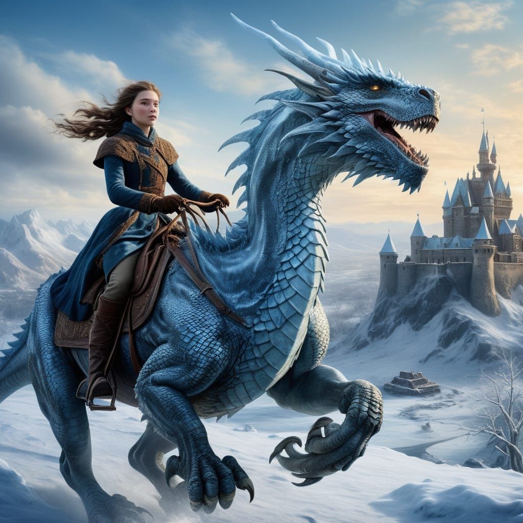 Ethereal Ice Princess Rides Frost Dragon Over Majestic Castl...