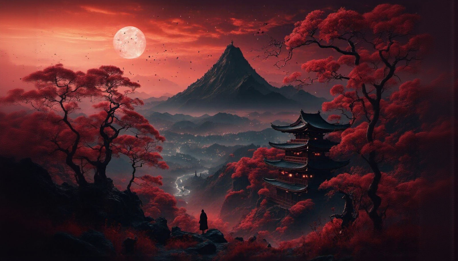 Ninja Silhouette in Japanese Landscape at Night