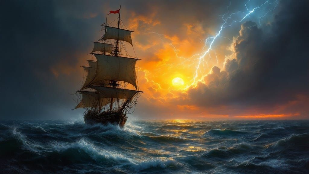 Dramatic Sunset Over Stormy Seas with Tall Ship