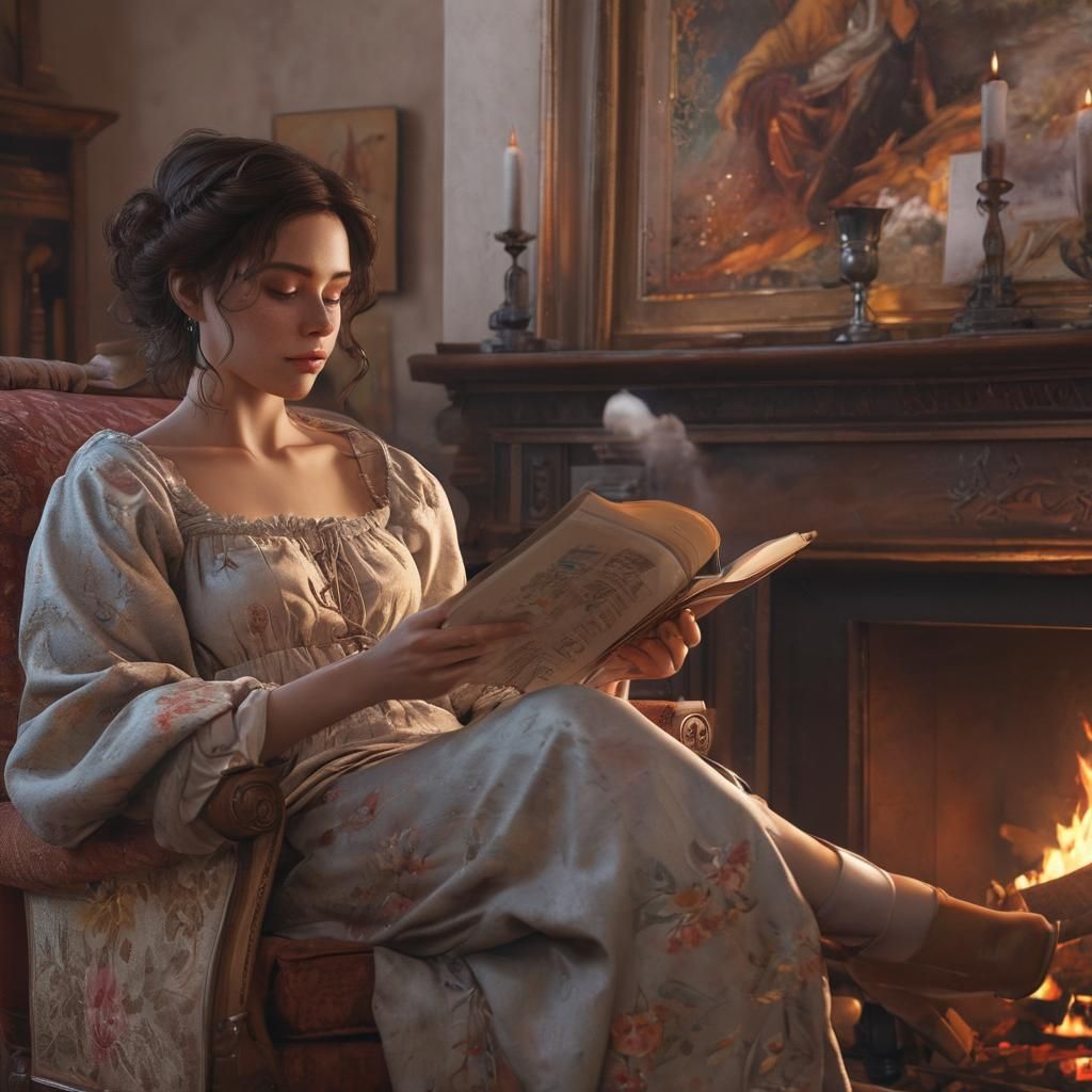 Woman Reading by Fireplace: Hyperdetailed Portrait