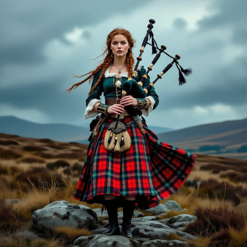 Lone Piper on Moorland, Stormy Sky, Realistic Style