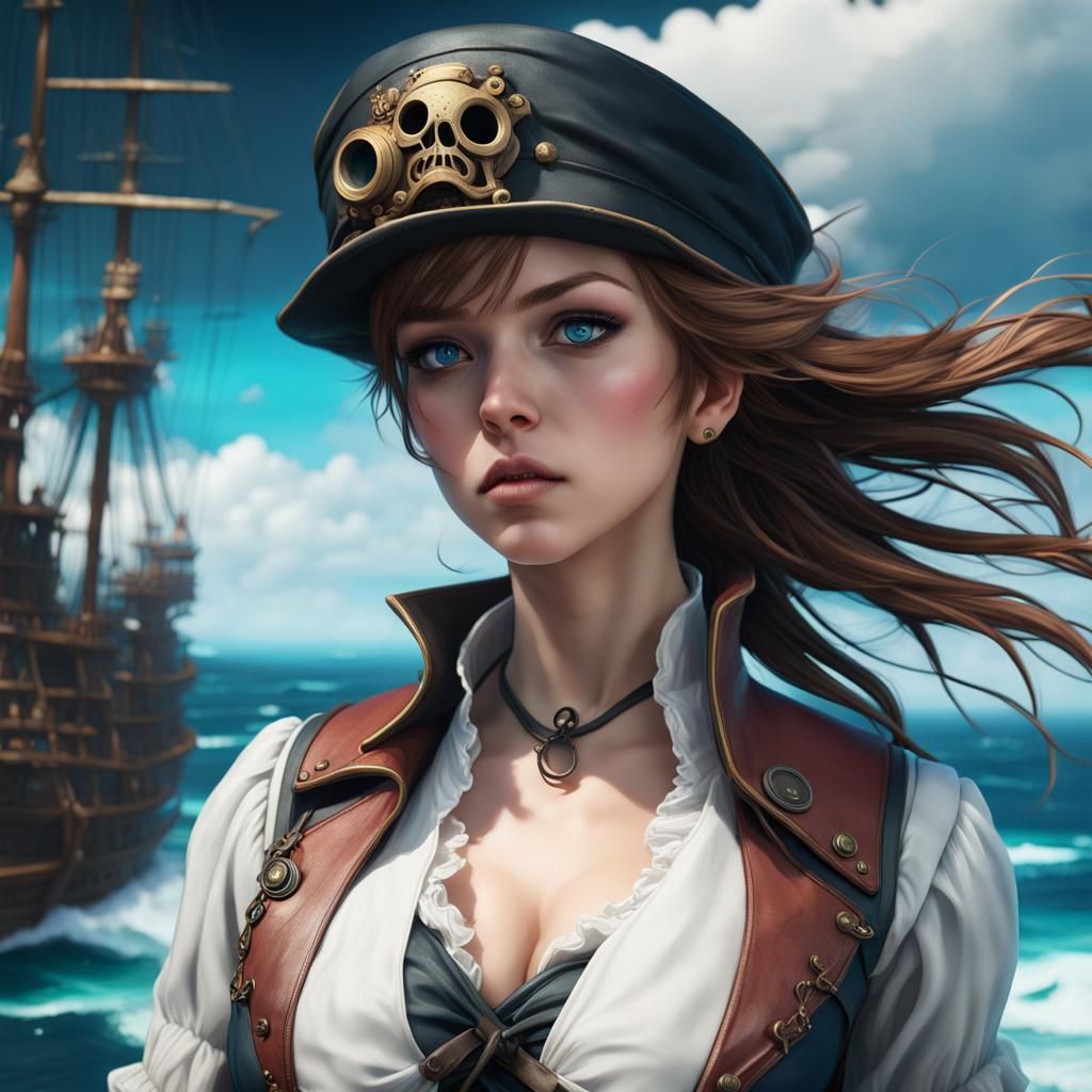 Anime Pirate Girl on Steampunk Ship in Stormy Sea