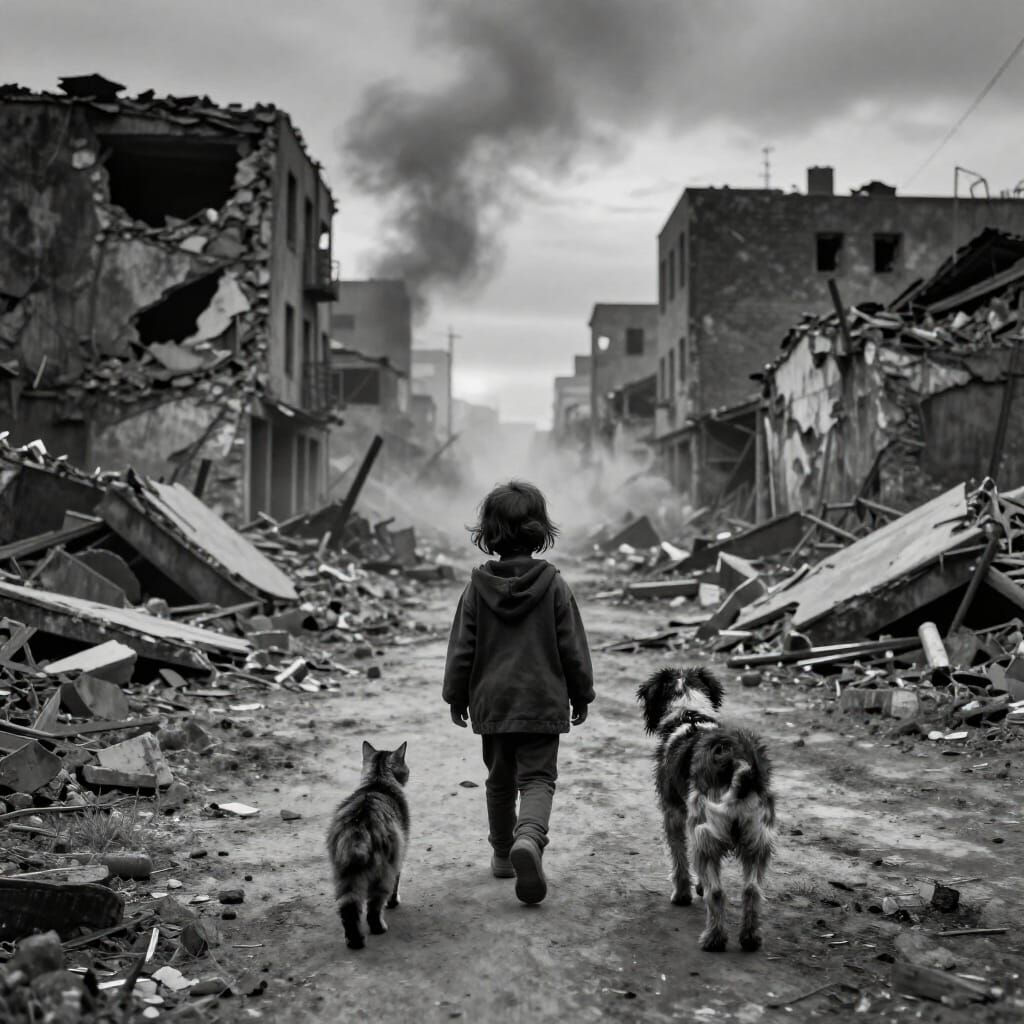 Hope in a Ruined City: Child, Cat, Dog Walk Towards Light