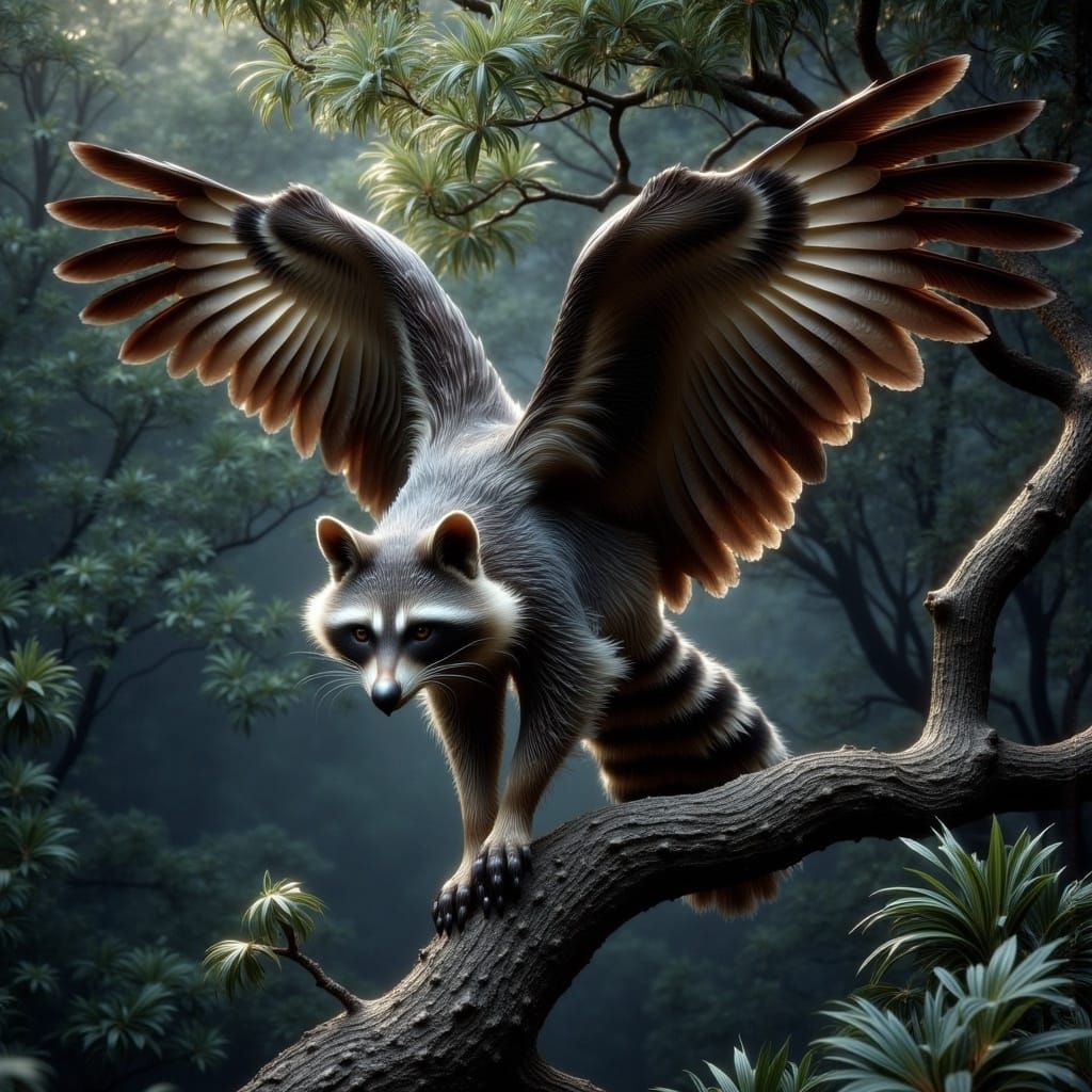 Majestic Raccoon Eagle Hybrid in a Dense Forest