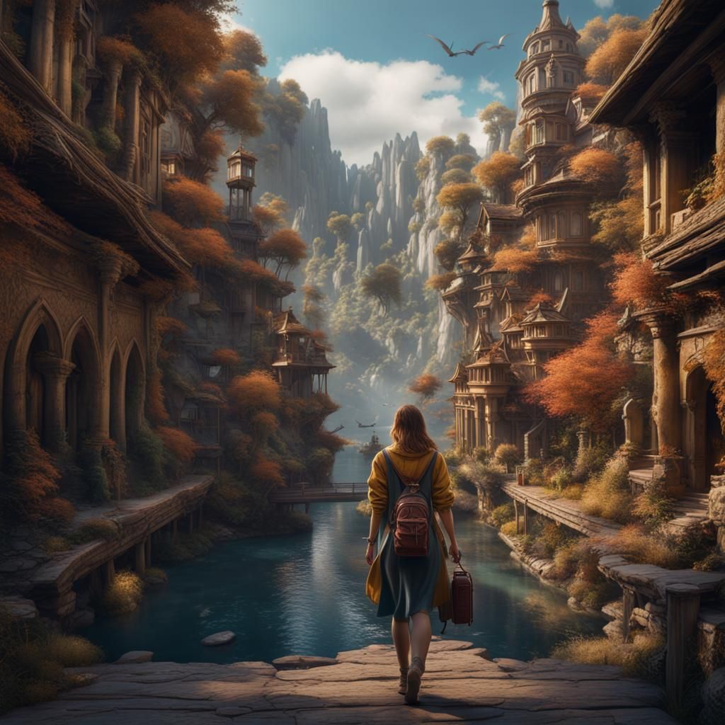 Solo Female Traveler in Detailed Fantasy Landscape